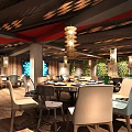Stylish Restaurant Interior Design With Red Arch Wooden Ceiling Metal Decor And Warm Lighting