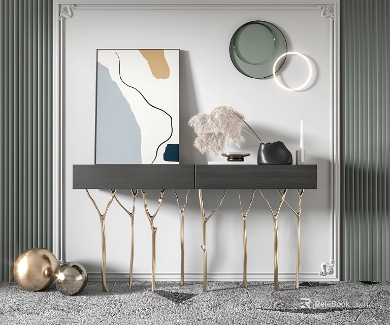 Modern Console Table with Gold Legs Artwork and Circular Mirrors on Textured Wall 3d model
