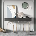 Modern Console Table with Gold Legs Artwork and Circular Mirrors on Textured Wall 3d model