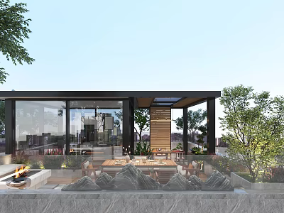 Modern Roof Garden Design With Glass Walls Outdoor Furniture Wooden Elements And Green Plants 3d model