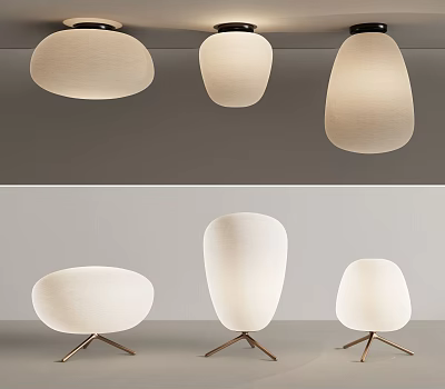 Modern Lighting Combinations Including Hanging Lamps And Table Lamps With White Fabric Shades 3d model