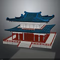 Traditional Chinese Architecture Two Story Structure With Blue Roof Red Pillars And White Railings