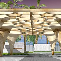 Wooden Pergola With Arched Structure And Lattice Top Surrounded By Palm Trees