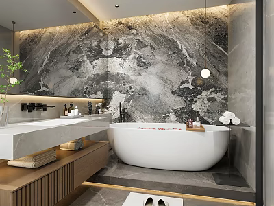 Luxury Modern Bathroom Interior Design With Freestanding Bathtub Marble Wall And Double Vanity 3d model