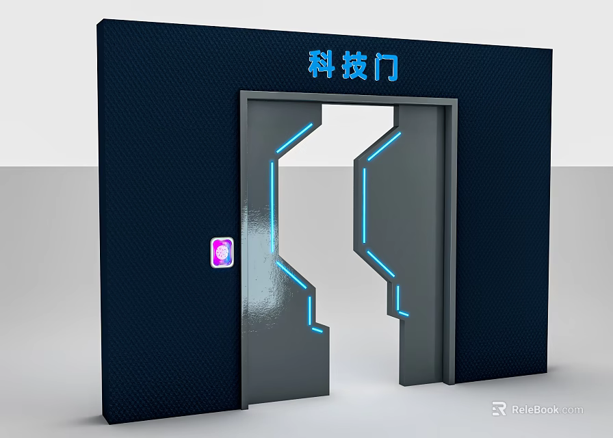 Futuristic Hi Tech Door With Blue Neon Lines And Purple Control Panel 3d model 
