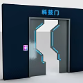 Futuristic Hi Tech Door With Blue Neon Lines And Purple Control Panel