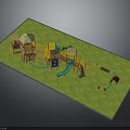 Colorful Children's Playground Structure With Slide Climbing Frames And Swings On Green Lawn