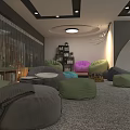 Cozy Indoor Lounge With Colorful Bean Bags Green Purple Gray Carpet Bookshelf And Ceiling Lights