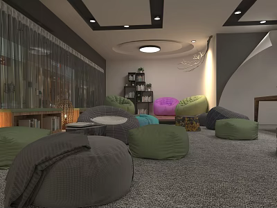 Cozy Indoor Lounge With Colorful Bean Bags Green Purple Gray Carpet Bookshelf And Ceiling Lights 3d model