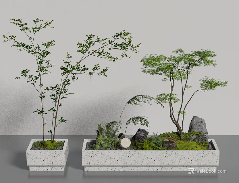 Bonsai Plants Decoration With Small Trees Stones Moss And White Rectangular Pots 3d model