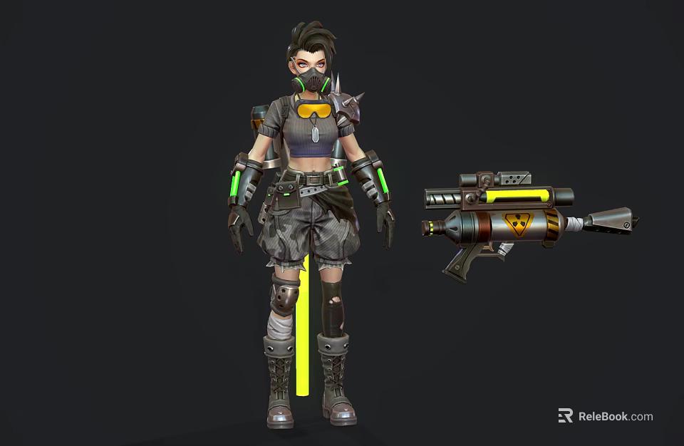 Game Character Masked Female Short Hair Tactical Crop Top Camo Shorts Knee Pads Yellow Gun 3d model 
