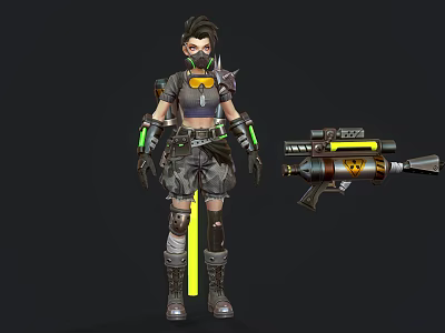 Game Character Masked Female Short Hair Tactical Crop Top Camo Shorts Knee Pads Yellow Gun 3d model