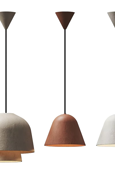 Three Dome Shaped Pendant Lights With Gray Brown Light Gray Shades And Black Hanging Cords 3d model