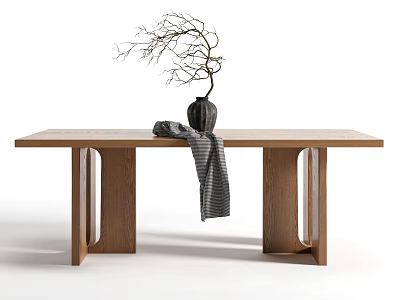 Minimalist Wooden Dining Table with Twig in Vase and Gray Scarf for Natural Decor 3d model