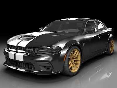Sleek Black Sports Car With White Racing Stripes And Gold Alloy Wheels 3d model