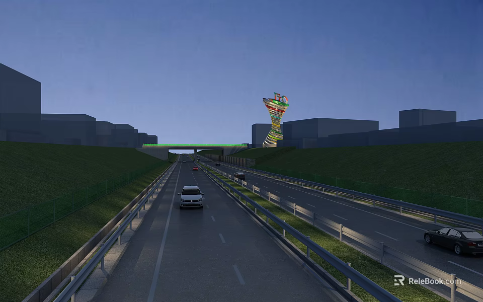 Road Infrastructure Featuring Two Way Lanes Guardrails Green Slopes And Moving Cars 3d model 