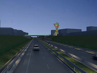 Road Infrastructure Featuring Two Way Lanes Guardrails Green Slopes And Moving Cars 3d model