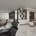 Modern Beauty Salon Interior With Black Leather Chairs Marble Counter Mirrors And Moon Artwork