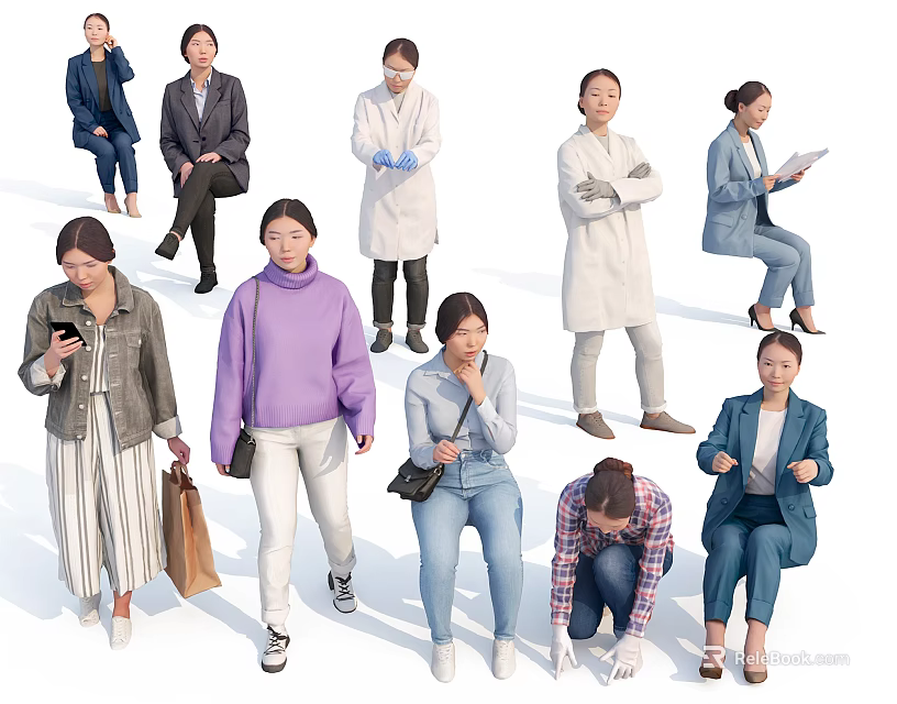 Diverse Group of People in Various Professions and Daily Activities with Different Poses 3d model 