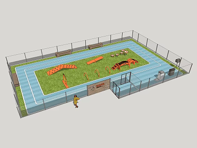 Outdoor Multi Sports Training Area With Green Lawn Orange Tracks Fences And Entrance Gate 3d model