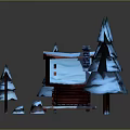 Cartoon Winter Scene With Snow Covered Log Cabin Pine Trees And Warm Light