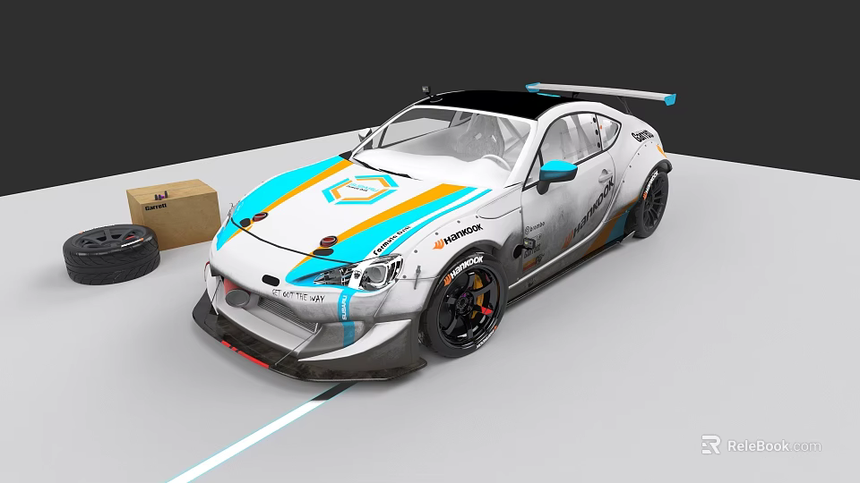 White Racing Car With Blue And Orange Stripes Black Roof And Black Wheels 3d model 