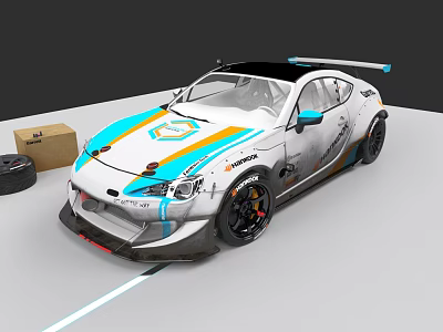 White Racing Car With Blue And Orange Stripes Black Roof And Black Wheels 3d model