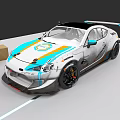 White Racing Car With Blue And Orange Stripes Black Roof And Black Wheels