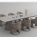 Rectangular Table Chair Set With Marble Top And Wicker Chairs Featuring Dried Flower Vase 3d model