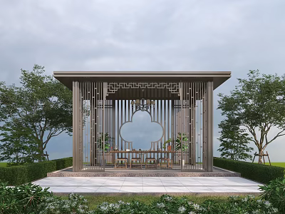 Traditional Chinese Pavilion With Ornate Wooden Carvings Surrounded By Lush Trees And Green Lawn 3d model