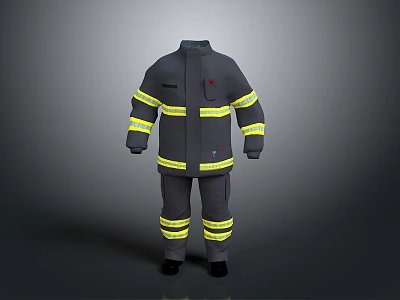 Professional Firefighter Protective Suit in Gray with Bright Yellow Reflective Stripes 3d model