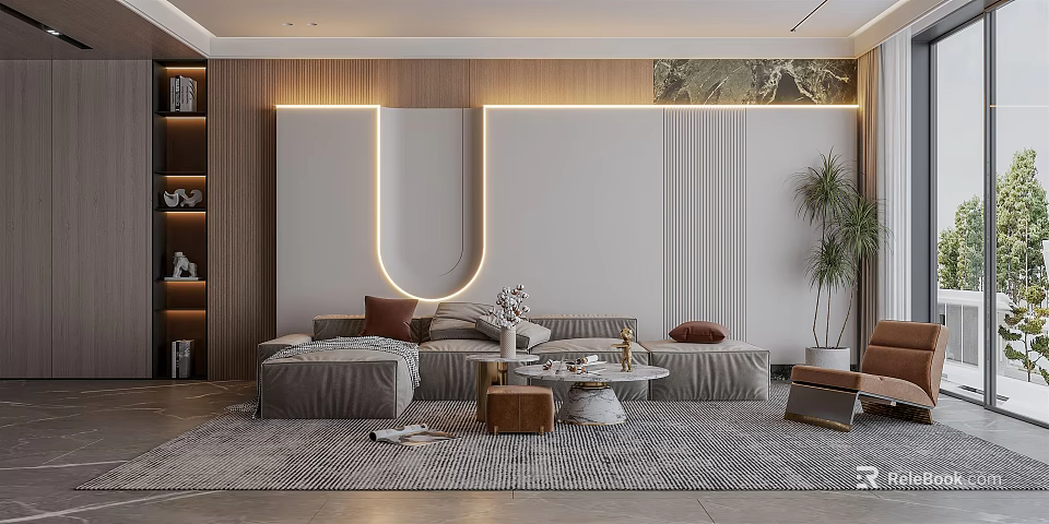 Modern Living Room Interior With L Shaped Sofa Coffee Table Area Rug And Decorative Wall 3d model 