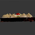 Delicious Steamed Dumplings on White Plate with Red Placemat and Lettuce Garnish