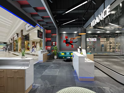 Modern Fitness Gym Interior With Reception Desk And Workout Space Lighting 3d model