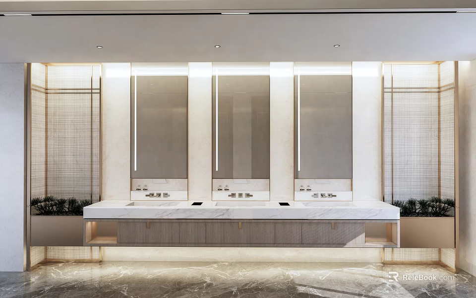 Modern Other Restroom With Three Mirrors Vanities And Marble Flooring 3d model