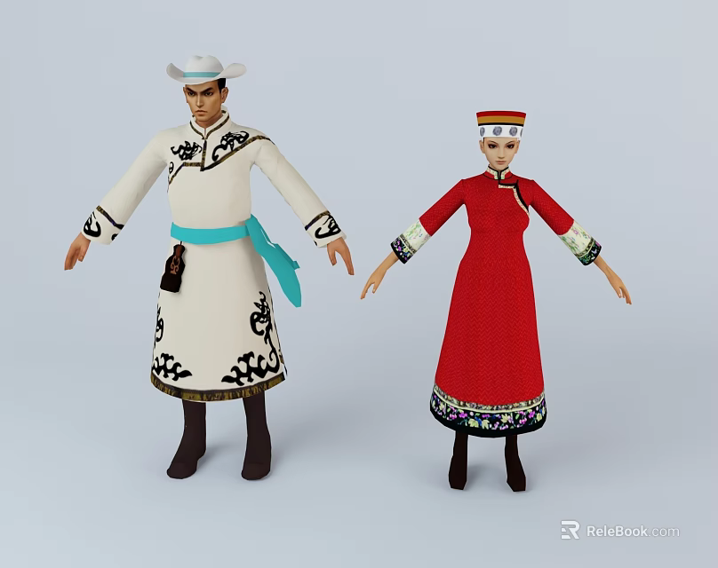 Two People In Traditional White And Red Ethnic Costumes With Decorative Patterns 3d model 