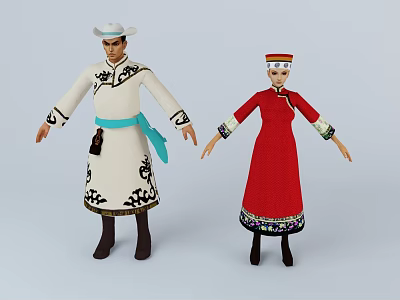 Two People In Traditional White And Red Ethnic Costumes With Decorative Patterns 3d model