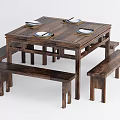 Wooden Square Dining Table Set With Benches And Plates On Top 3d model