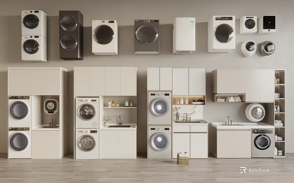 Modern Washing Machines With Various Designs And Cabinetry In Laundry Room 3d model 