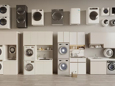 Modern Washing Machines With Various Designs And Cabinetry In Laundry Room 3d model