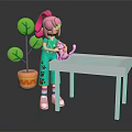 Pink Haired Girl Examining White Cat On White Table With Green Plant
