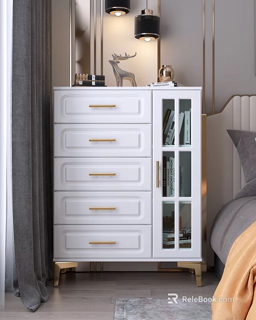 White Chest of Drawers With Golden Handles And Glass Door Cabinet In Bedroom 3d model 