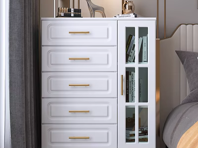 White Chest of Drawers With Golden Handles And Glass Door Cabinet In Bedroom 3d model