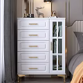 White Chest of Drawers With Golden Handles And Glass Door Cabinet In Bedroom