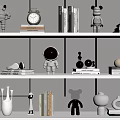 Modern Decorative Ornament Set on Shelves with Books Figurines Vases Clock and Geometric Decor