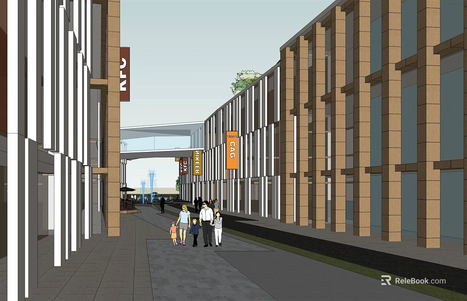 Modern Commercial Street With Pedestrians Store Signboards And Building Facades 3d model 