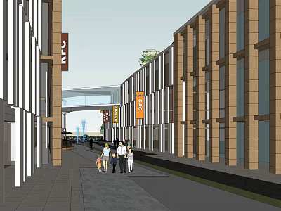 Modern Commercial Street With Pedestrians Store Signboards And Building Facades 3d model