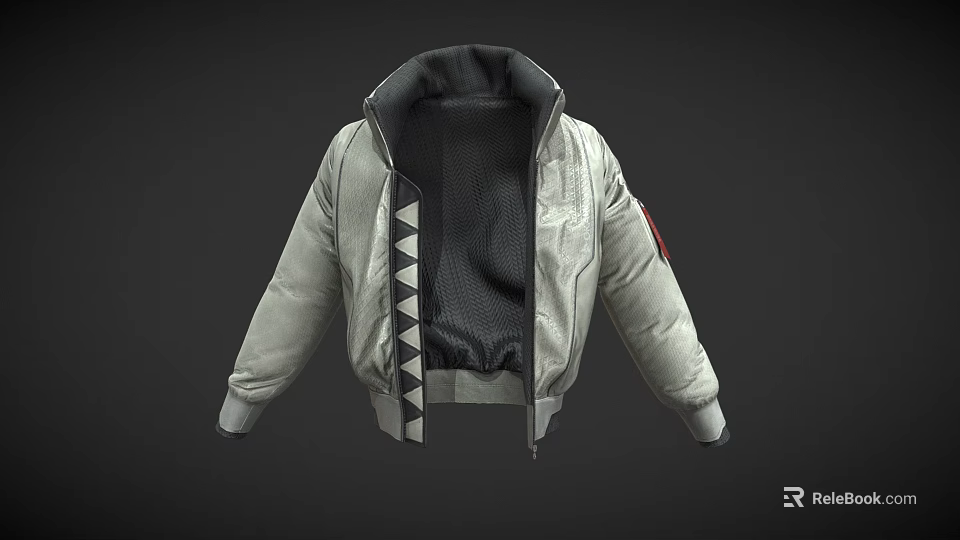 Silver Gray Aviator Jacket With Open Front Black Mesh Lining And Red Sleeve Patch 3d model 