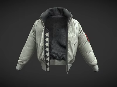 Silver Gray Aviator Jacket With Open Front Black Mesh Lining And Red Sleeve Patch 3d model
