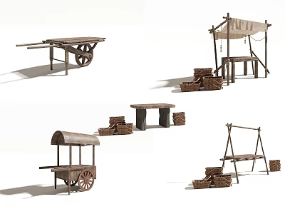 Commercial Outdoor Setup With Wooden Cart Long Table Bench Canopy And Wicker Baskets 3d model